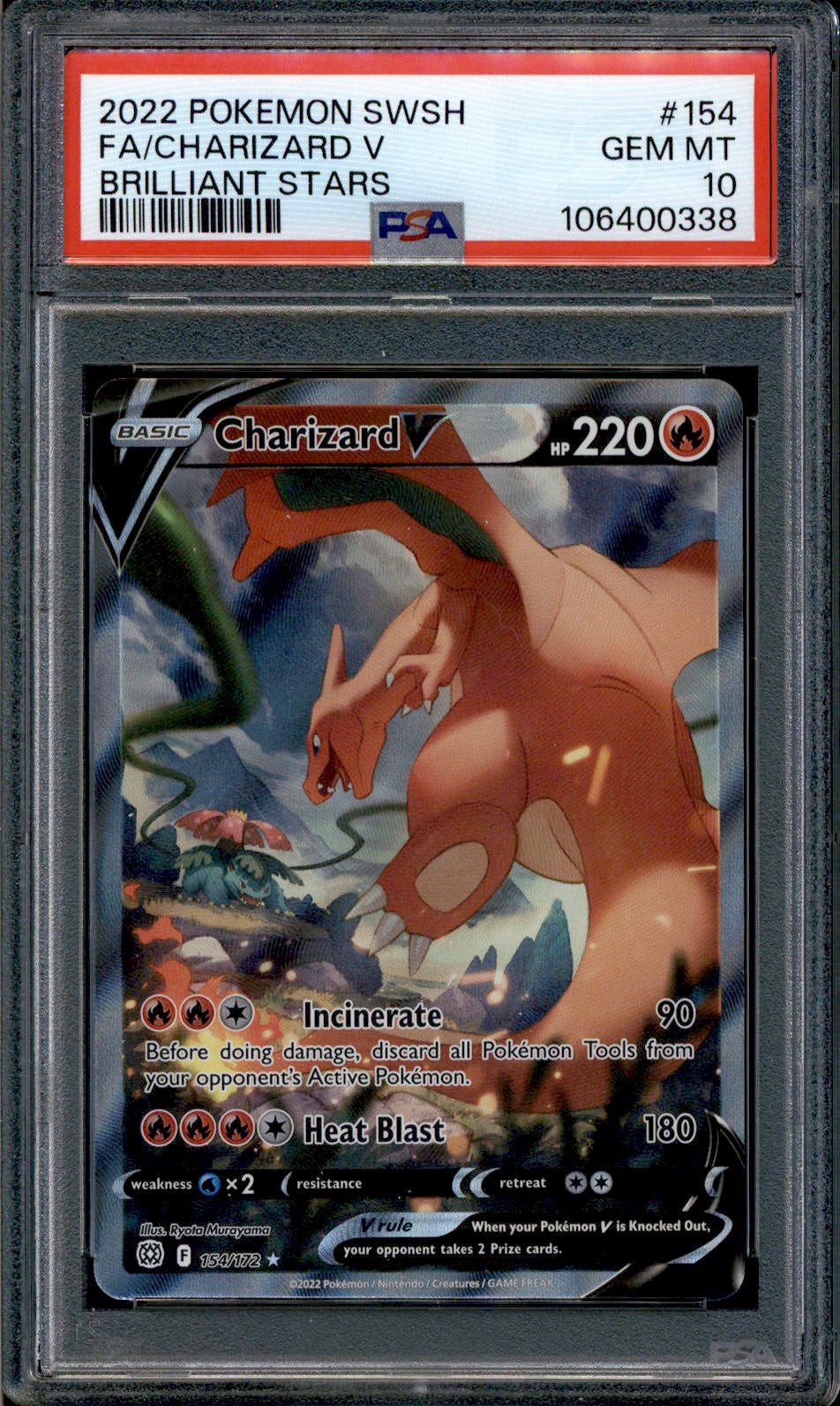 pokemon card 154 172 2022 SWSH Brilliant Stars Charizard V #154/172 cinematic illustration by Ryota Murayama depicting an epic battle scene against Venusaur that dominates the card from edge to edge with raw power and stunning detail Charizard V - 154/172 -