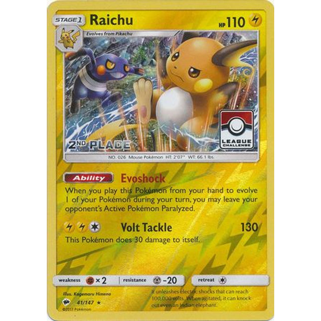 Raichu (41/147) (League Promo 2nd Place) [Sun & Moon: Burning Shadows]