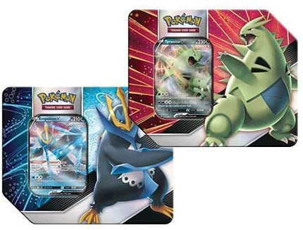 V Strikers Tin Case - 6x Tins (3 of each Empoleon/Tyranitar) - Pokemon - Sealed