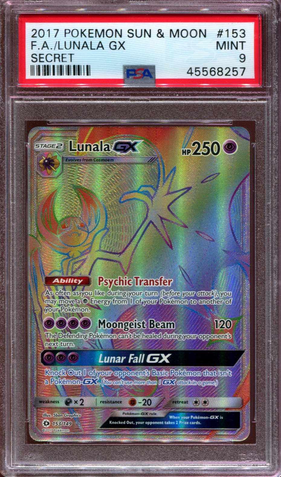 Lunala GX - Hyper Rare - Sun & Moon Base Set - 153/149 - PSA 9