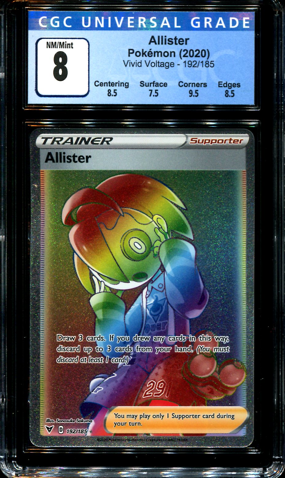 Allister - 192/185 - CGC 8 - Hyper Rare - Vivid Voltage - Pokemon - 28 Squeaks Game World Allister - 192/185 - CGC 8 - Hyper Rare - Vivid Voltage - Pokemon - 28 Squeaks Game World