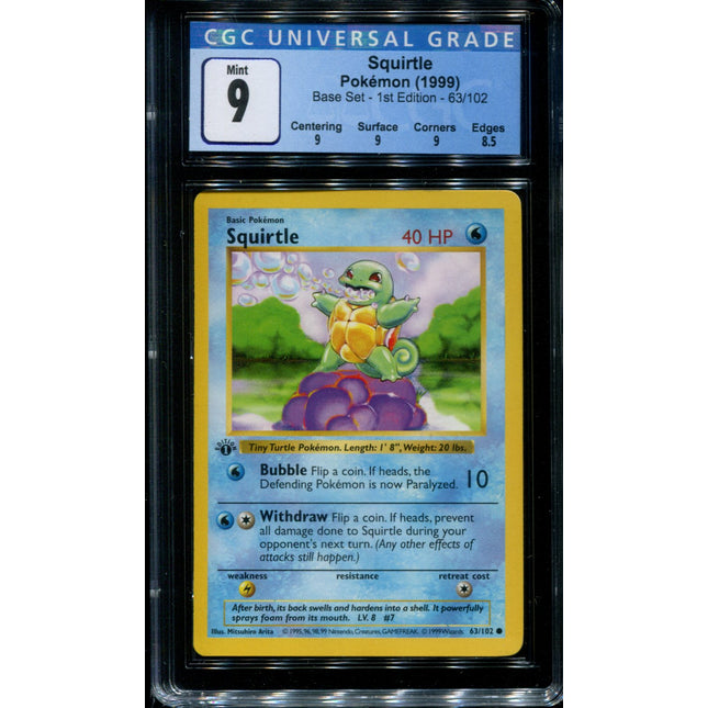 Squirtle 1st Edition - 63/102 - CGC 9 Mint - Base Set Shadowless - 33004