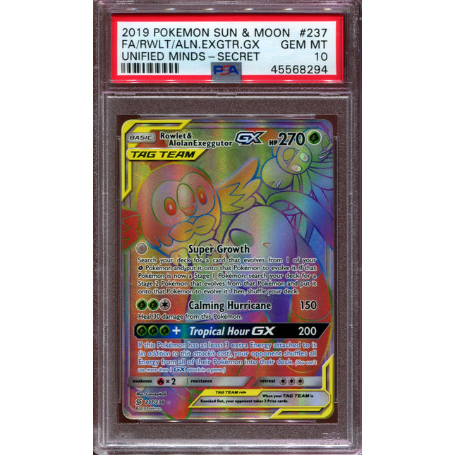 Rowlet & Alolan Exeggutor GX - Hyper Rare - Unified Minds - 237/236 - PSA 10