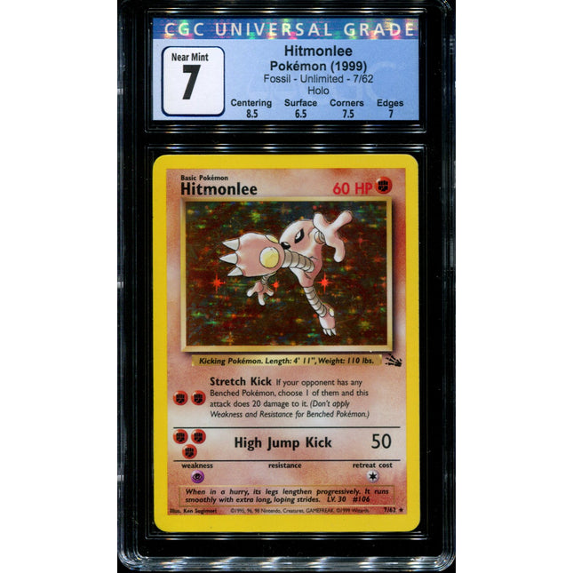 Hitmonlee - 7/62 - CGC 7 - Unlimited - Color Error - Fossil - Holo - 42152