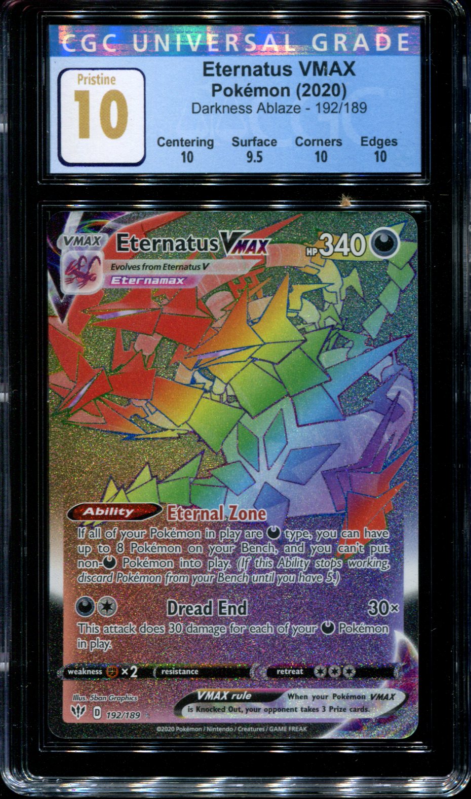 Eternatus Vmax - 192/189 - CGC 10 Pristine - Darkness Ablaze - 68066 Squeaks Game World Eternatus Vmax - 192/189 - CGC 10 Pristine - Darkness Ablaze - 68066 Squeaks Game World
