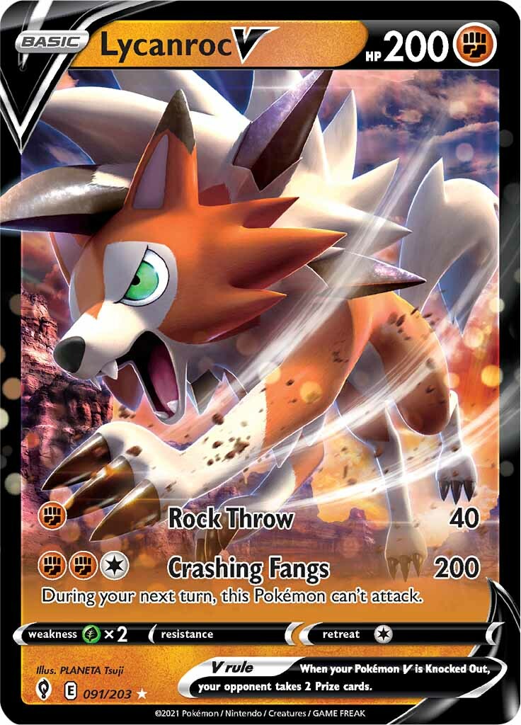 what pokemon set has 203 cards Lycanroc V (091/203) [Sword & Shield: Evolving Skies] – Squeaks Game World