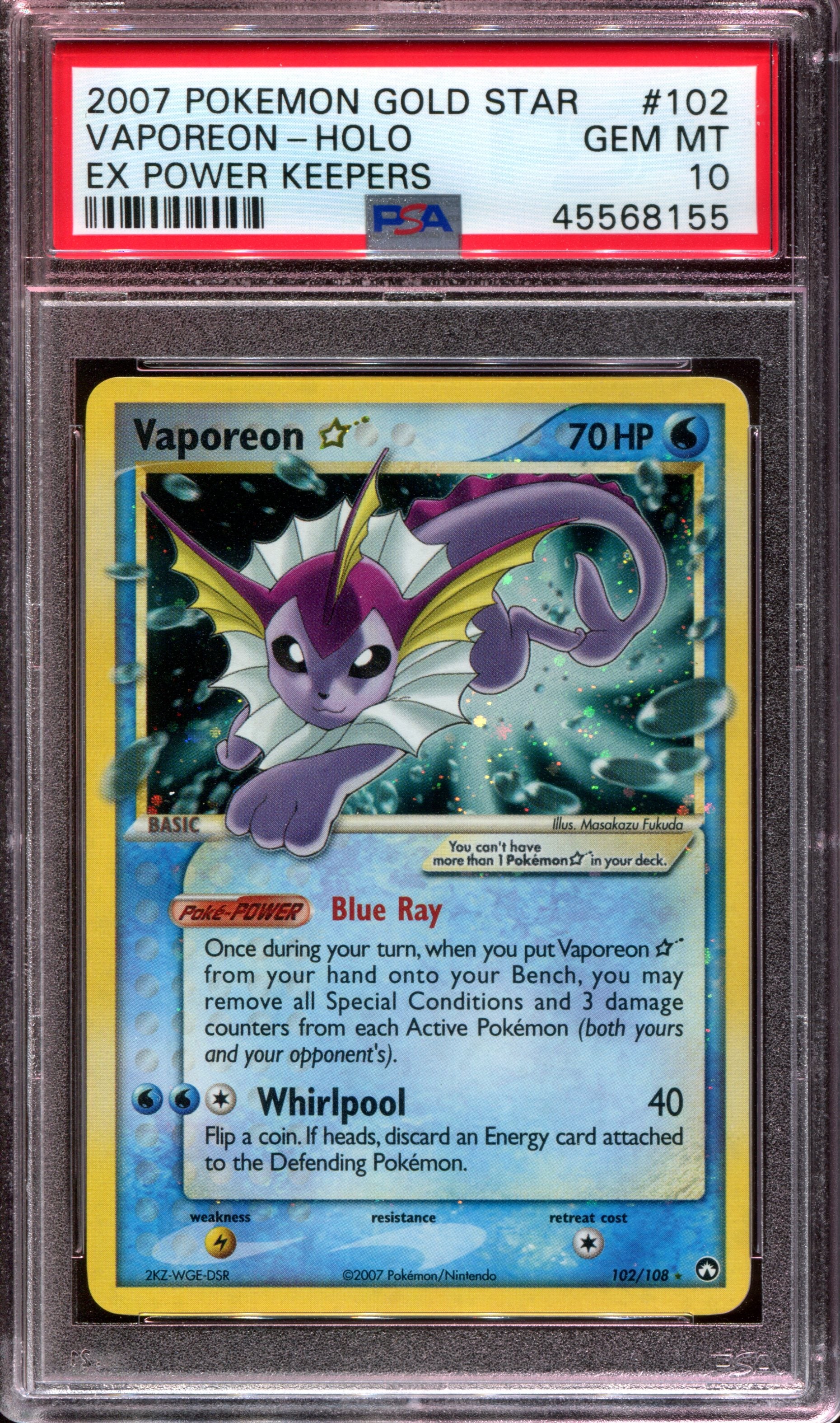 Vaporeon Gold Star - 102/108 - PSA 10 - EX Power Keepers - 68155 Squeaks Game World Vaporeon Gold Star - 102/108 - PSA 10 - EX Power Keepers - 68155 Squeaks Game World